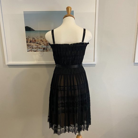 Black BCBG MAXAZRIA lace midi dress, with ribbon tie. - Picture 2 of 5